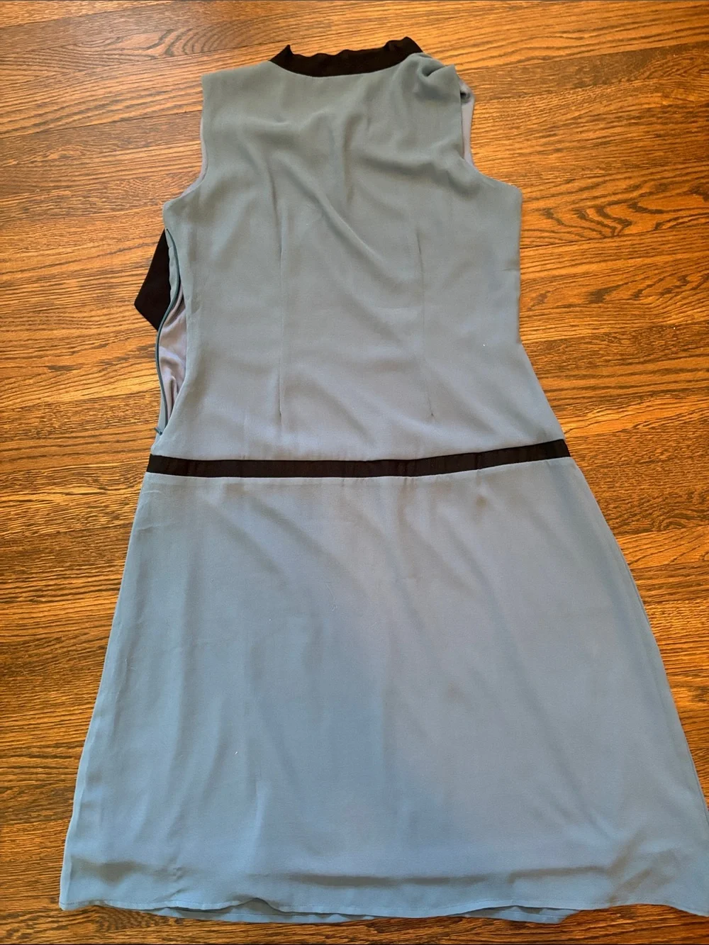 Blue Sleeveless Tie-Neck A-Line Dress with Black Trim